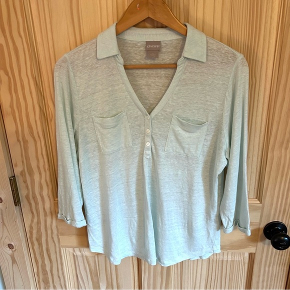 Chico's Linen Button Mint Top. Size Medium/Chico’s 1. - Picture 2 of 11